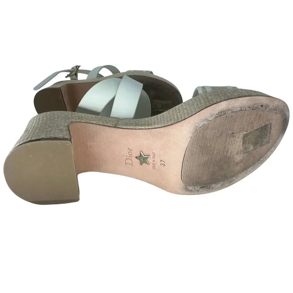 Christian Dior Leather Raffia Dway Embroidered Logo Platfrorm Sandals Beige 37